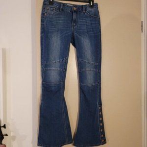 Free People Women's Skylar Washed Moto Flare Jeans With Hem Side Buttons